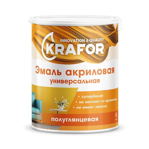 Эмаль универсальная Krafor, акриловая, полуглянцевая, супербелая