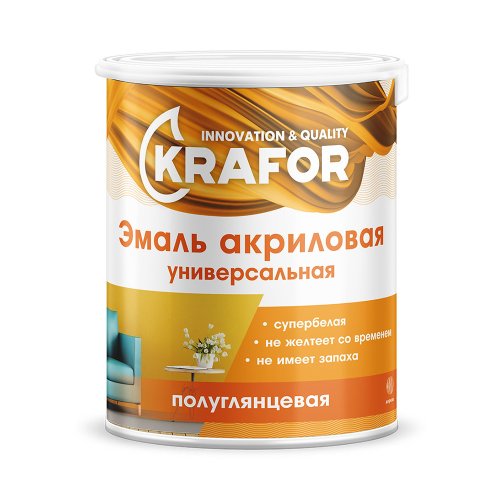 Эмаль универсальная Krafor, акриловая, полуглянцевая, супербелая